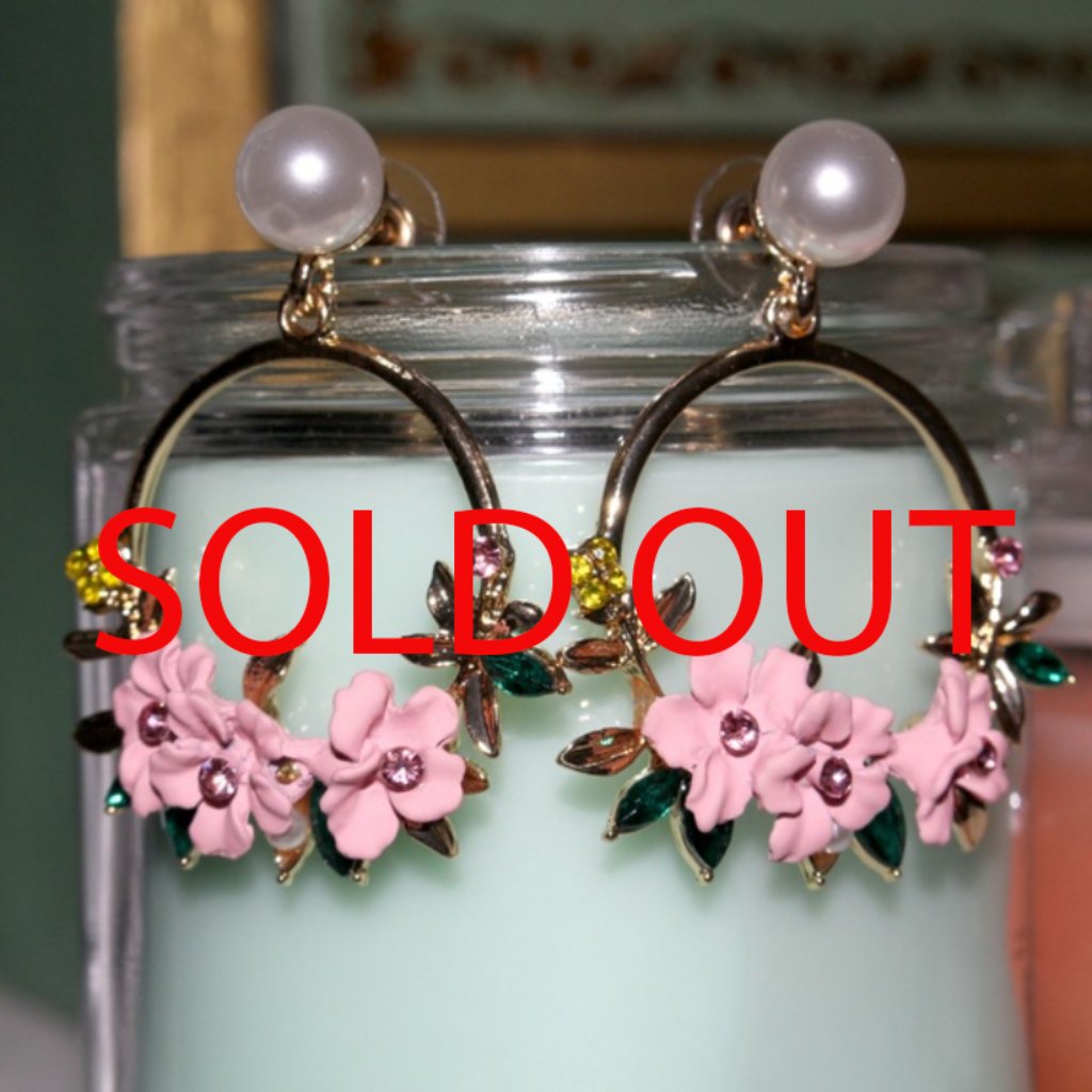 New Gold Plated Pink Pearl Flower Rhinestone Hoop Earrings